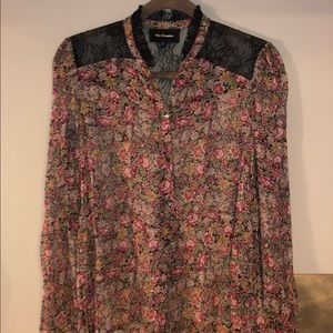 Kooples black sheer flower printed blouse w lace